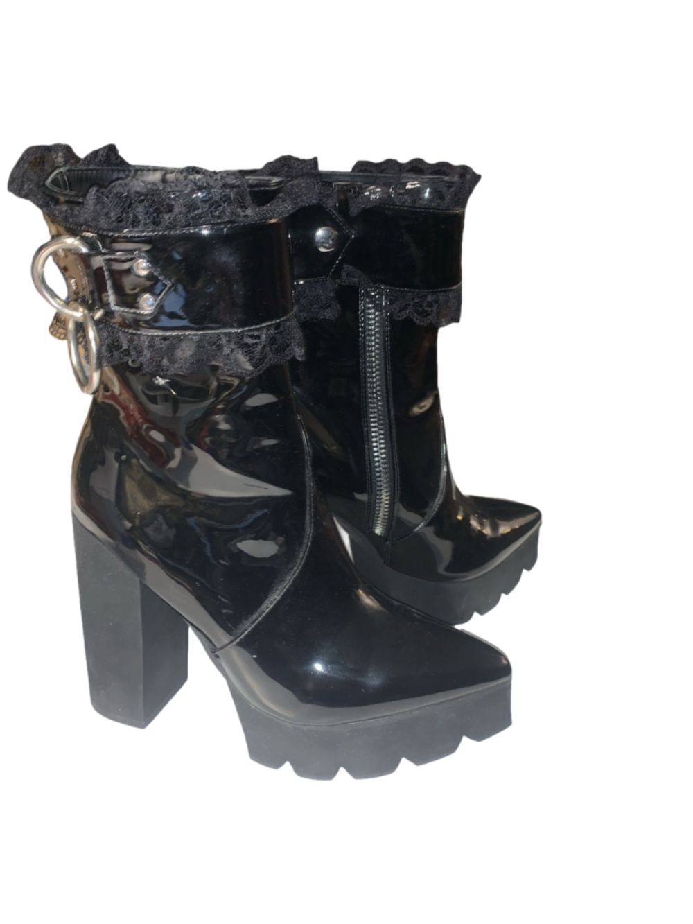 Women's Unbranded Black Patent Lace Trim Heeled Boots Size 7
